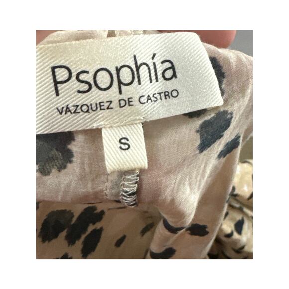 Psophia Womens Sz Small Silk Blend Top Oversized Boxy Flow Tan Dotted Deisgner - Picture 8 of 10